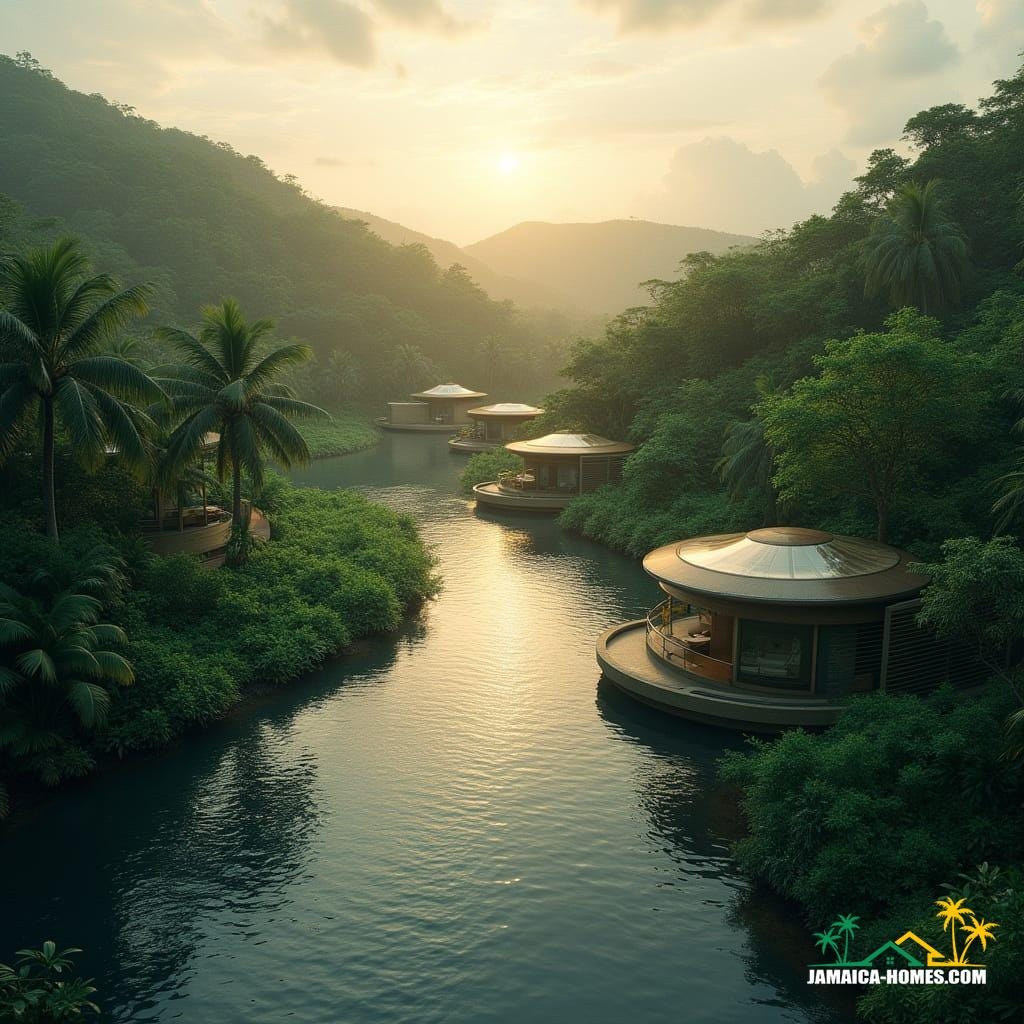 River Spine Homes: Floating, modular communities that follow the curves of Jamaica’s narrow rivers, leaving almost no footprint on the banks.