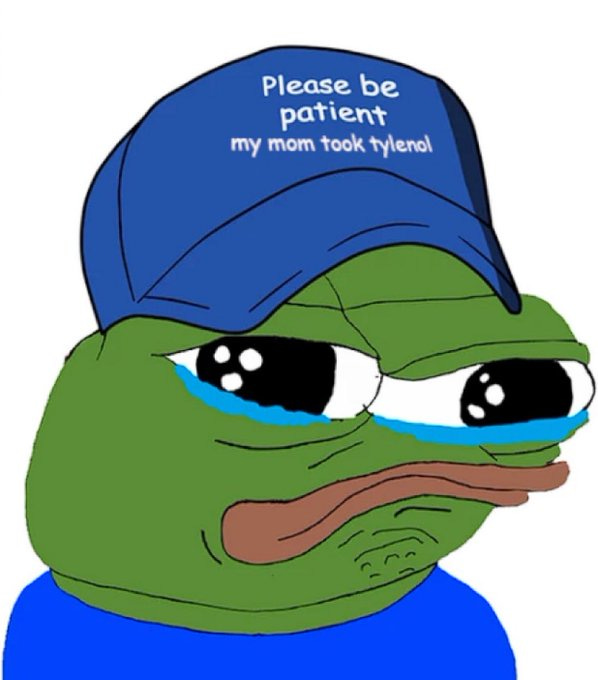 Pepe the Frog wearing a blue baseball cap with text reading "Please be patient my mom took tylenol". The character has large, teary eyes and a sad expression, with a blue shirt visible.