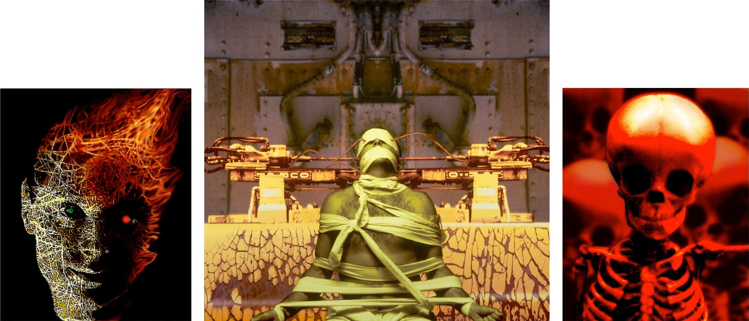 LEFT: A face digitally composes from criss-crossing threads. One eye glows red and the other green. At the top the threads ignite into flame that trails to the upper right. CENTER: Digital composition titled “Injectors” featuring a male figure restrained by banded white cloth. Set against a rusting industrial background, his eyes are blindfolded and his head is tilted back. Wires lead to his temples, wrapped in white, and an apparatus of long thin rods lance the sides of his head. RIGHT: A small skeletal figure occupies the frame from the center of its ribcage to its childlike bulbous head.