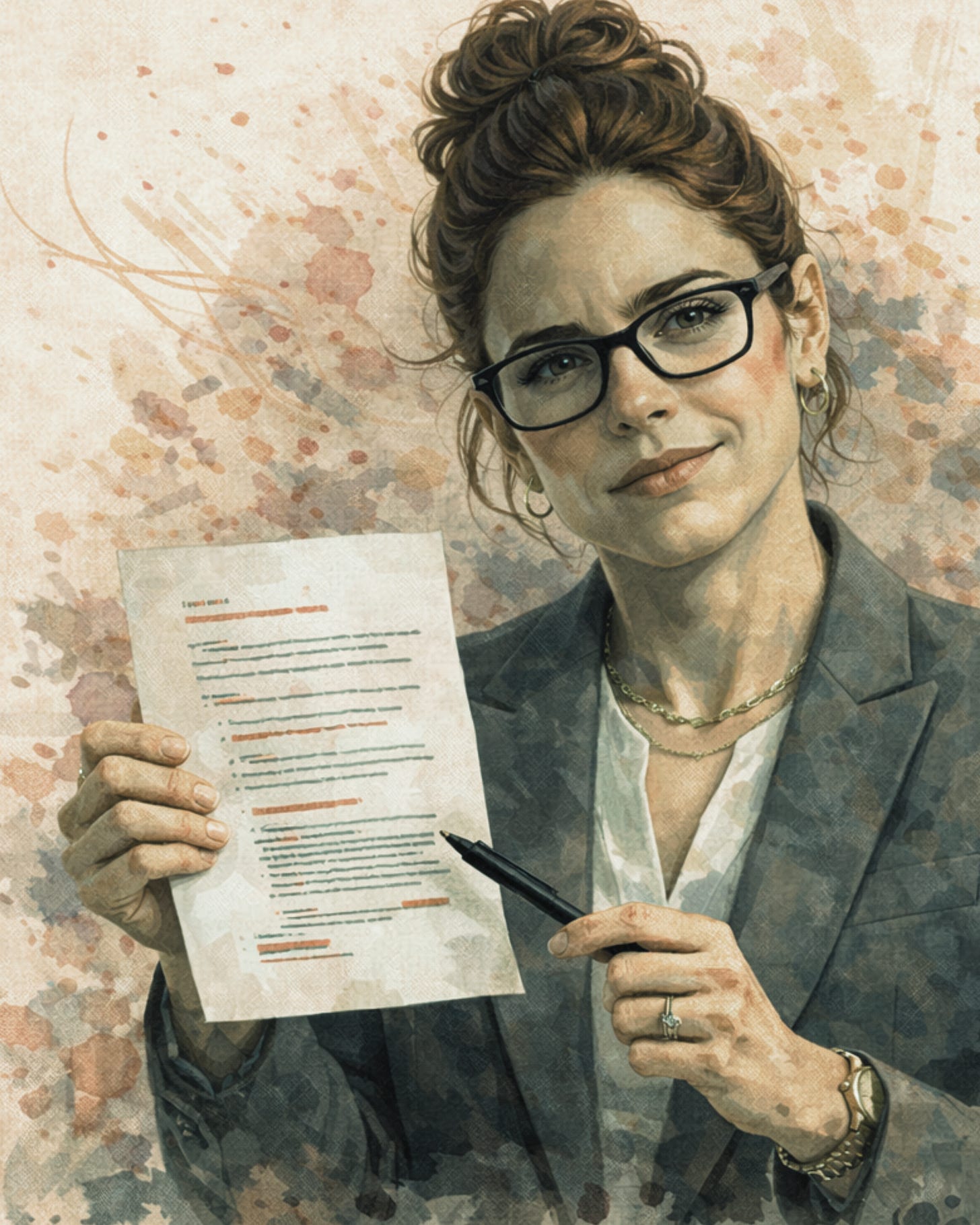 Illustrated portrait of a professional woman holding a concise document, representing pattern recognition, strategic thinking, and the ability to distill complex information into clear, actionable insight