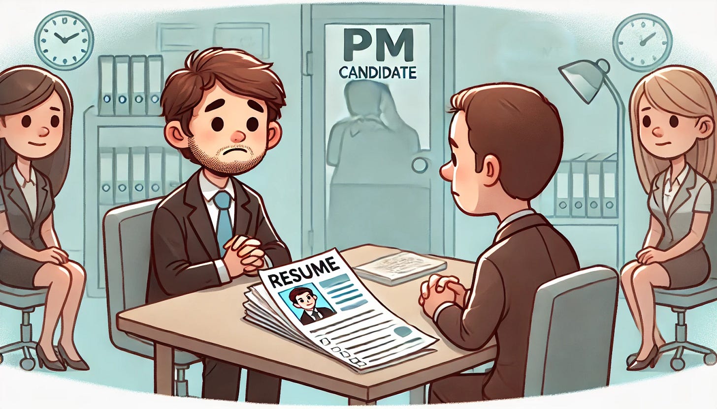 A cartoon illustration showing a PM candidate and a recruiter sitting across from each other at a desk, with a resume placed prominently in the center. The candidate looks mildly nervous and hopeful, with a subtle lean forward, while the recruiter appears slightly confused or unimpressed, looking at the resume with a raised eyebrow or neutral expression. The resume in the middle is cluttered and unorganized, emphasizing the source of the disconnect. The office setting is professional yet approachable, with soft edges and bright colors, creating a balanced and insightful tone.