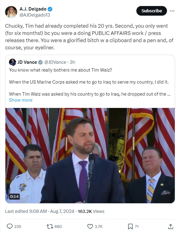 Screenshot of tweet by AJ Dlgado: 'Chucky, Tim had already completed his 20 yrs. Second, you only went (for six months!) bc you were a doing PUBLIC AFFAIRS work / press releases there. You were a glorified bitch w a clipboard and a pen and, of course, your eyeliner.' Screenshot of tweet by AJ Dlgado: 'Chucky, Tim had already completed his 20 yrs. Second, you only went (for six months!) bc you were a doing PUBLIC AFFAIRS work / press releases there. You were a glorified bitch w a clipboard and a pen and, of course, your eyeliner.'