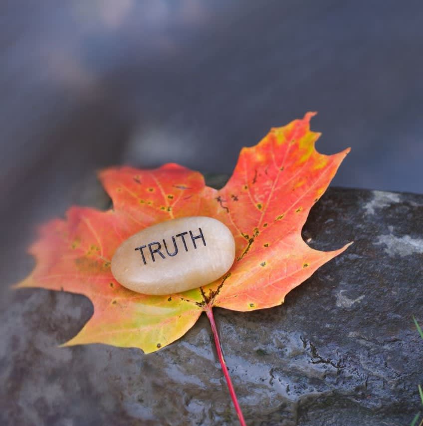 A polished river stone on which is printed the word, "TRUTH" - placed on a reddening maple leaf= placed on a grey stone