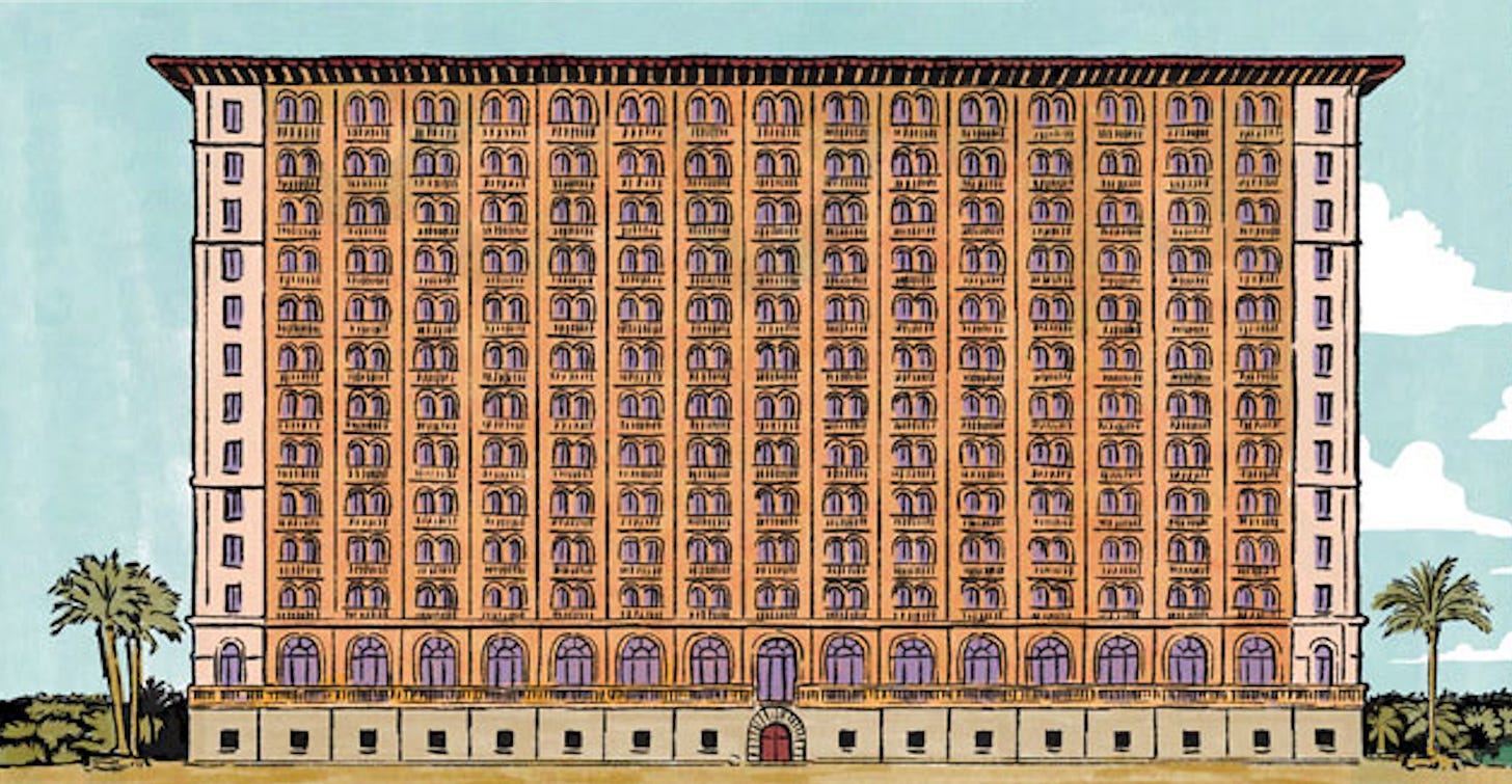 An exterior illustration depicts the Great Arcadian, a grand Mediterranean-style apartment building rising more than a dozen stories above palm trees near the Florida coast. Rows of identical balconies emphasize the building's enormous size. An exterior illustration depicts the Great Arcadian, a grand Mediterranean-style apartment building rising more than a dozen stories above palm trees near the Florida coast. Rows of identical balconies emphasize the building's enormous size.