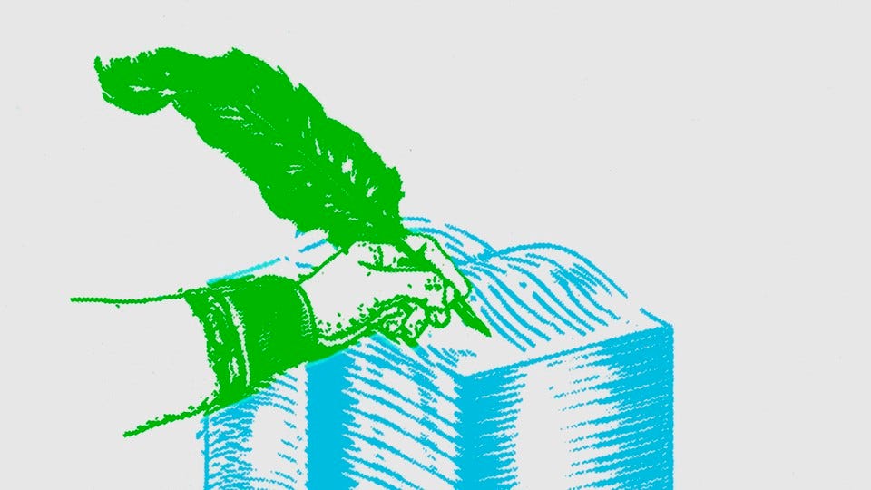 A sketch of a hand that is writing in a very large book with a very large quill pen