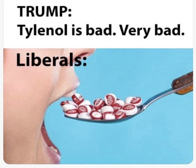A meme image with text reading "TRUMP: Tylenol is bad. Very bad." and "Liberals:" above a close-up of a person\'s open mouth with a spoon holding multiple red and white Tylenol pills. The background is solid blue. A meme image with text reading "TRUMP: Tylenol is bad. Very bad." and "Liberals:" above a close-up of a person\'s open mouth with a spoon holding multiple red and white Tylenol pills. The background is solid blue.