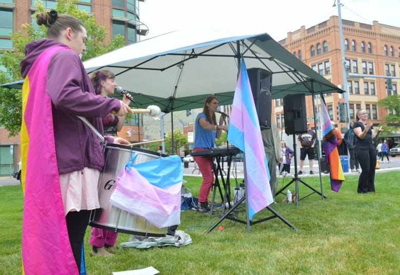 Stevie Hirner, center, leads the crowd in song during a rally at the Missoula County Courthouse, kicking off the fourth annual Missoula Pride celebration on Friday, June 20, 2025. Stevie Hirner, center, leads the crowd in song during a rally at the Missoula County Courthouse, kicking off the fourth annual Missoula Pride celebration on Friday, June 20, 2025.