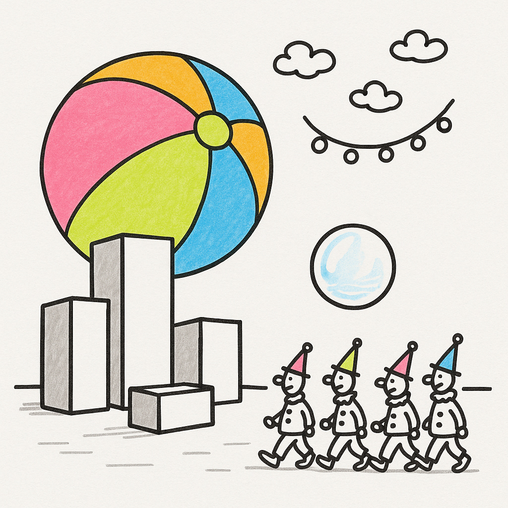Colorful hand-drawn sketch with a giant beach ball balanced on rectangular blocks, four clowns in pointed hats marching in a row, small floating bubble, and playful decorations like smiling clouds and lights.