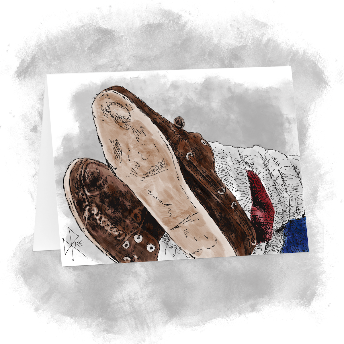 Close-up of feet propped up in repose, crossed at the ankles, clad in wool socks and loafers with the soles worn smooth. Sketch art by Don Rice. Close-up of feet propped up in repose, crossed at the ankles, clad in wool socks and loafers with the soles worn smooth. Sketch art by Don Rice.