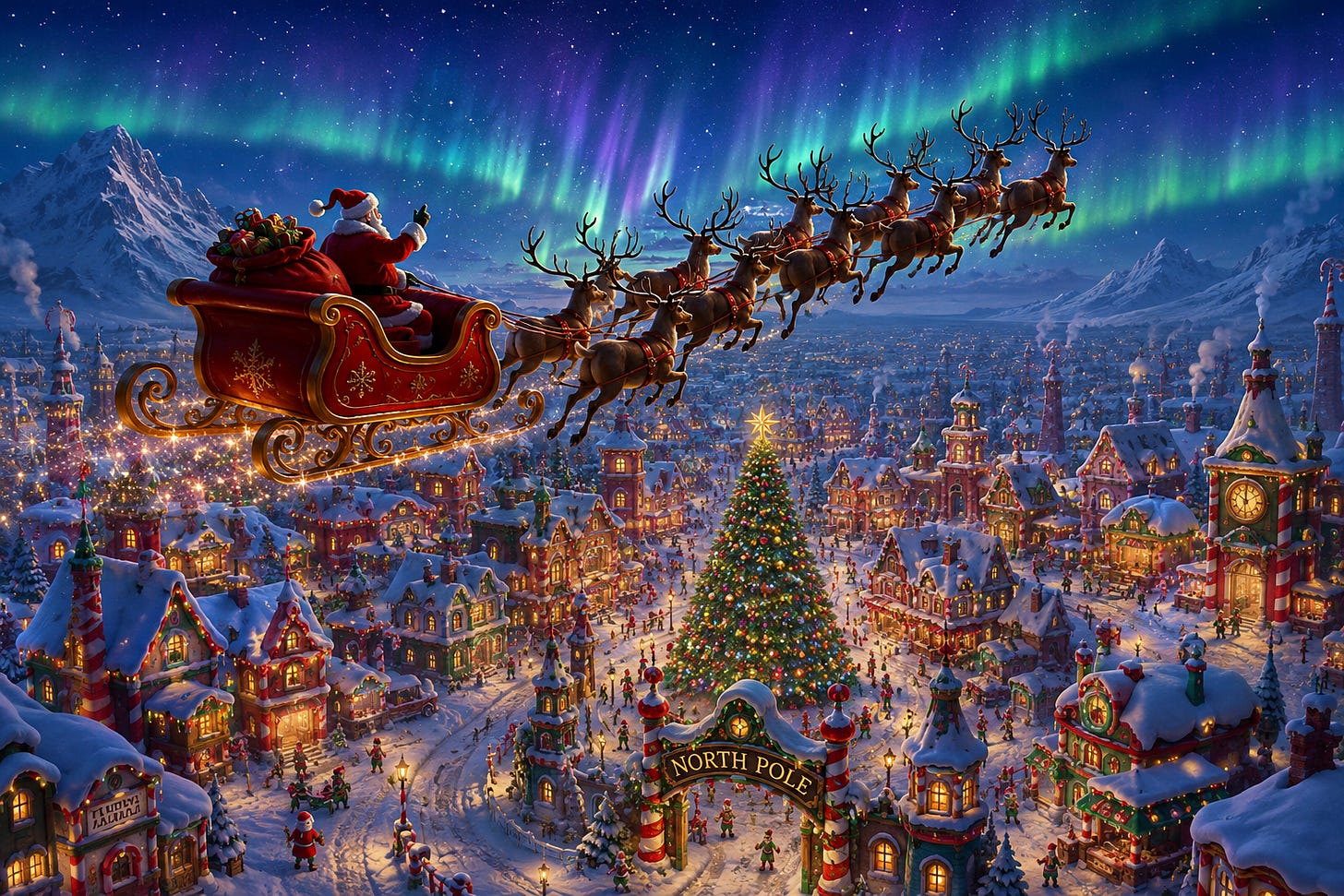 Santa in his sleigh flying over the North Pole village