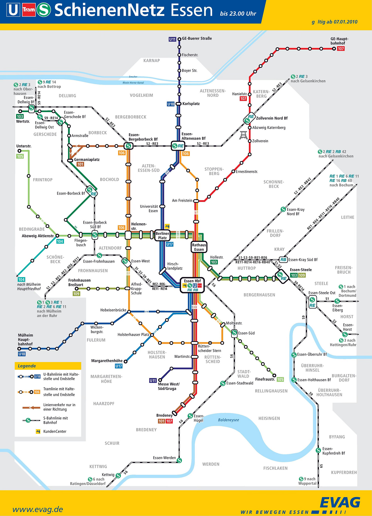 Map showing Essen Stadtbahn, Straßenbahn and S-Bahn.