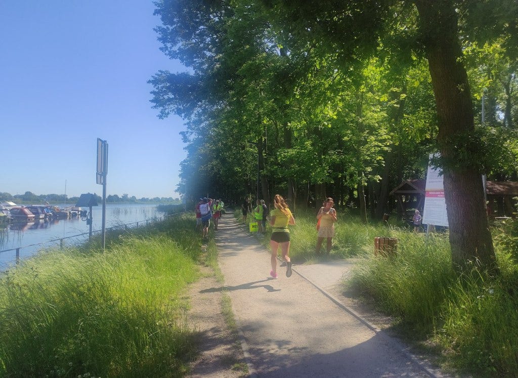 The finish is on a narrow section of the path