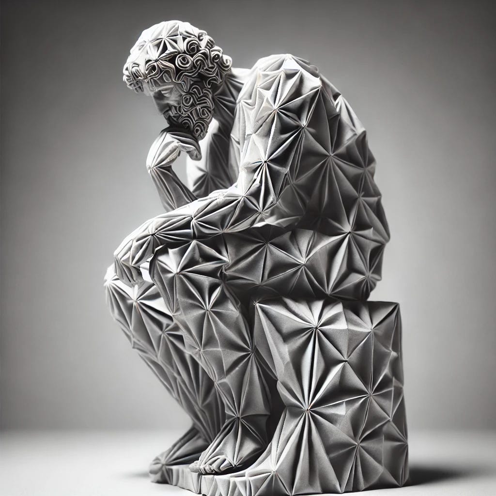 A philosophical statue made entirely of origami. The statue is in a contemplative pose, reminiscent of classical philosopher statues, but crafted from intricately folded paper. The details of the folds and creases create a unique texture, emphasizing the artistry and skill involved in its creation. The background is minimalistic, highlighting the delicate and intricate nature of the origami statue. The overall atmosphere is serene and reflective, capturing the essence of philosophical contemplation through the medium of paper art.