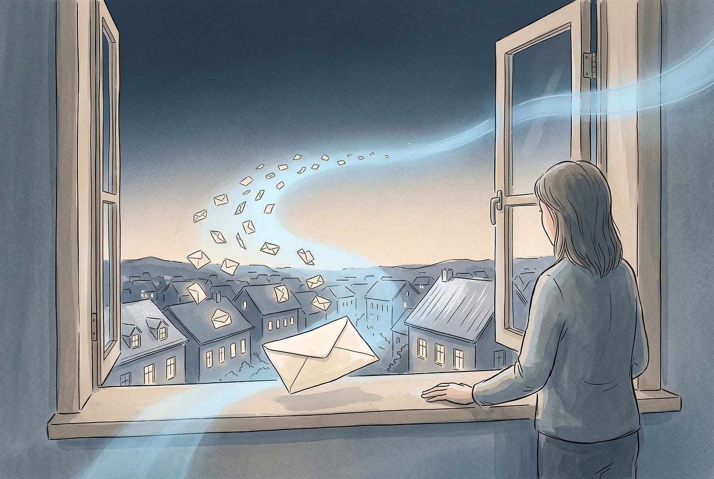 Watercolor: letters rising from a town at dusk into a river of light