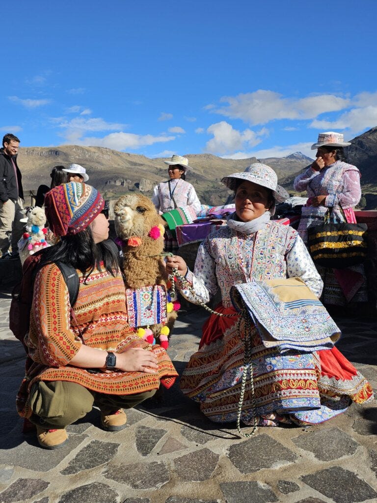 Solo traveler with a local woman, interacting with an alpaca Solo traveler with a local woman, interacting with an alpaca