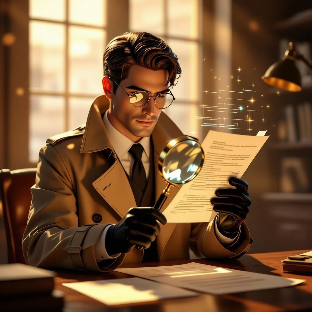 A detective-style AI avatar with a magnifying glass examining a floating document for errors, golden light aesthetic, no…