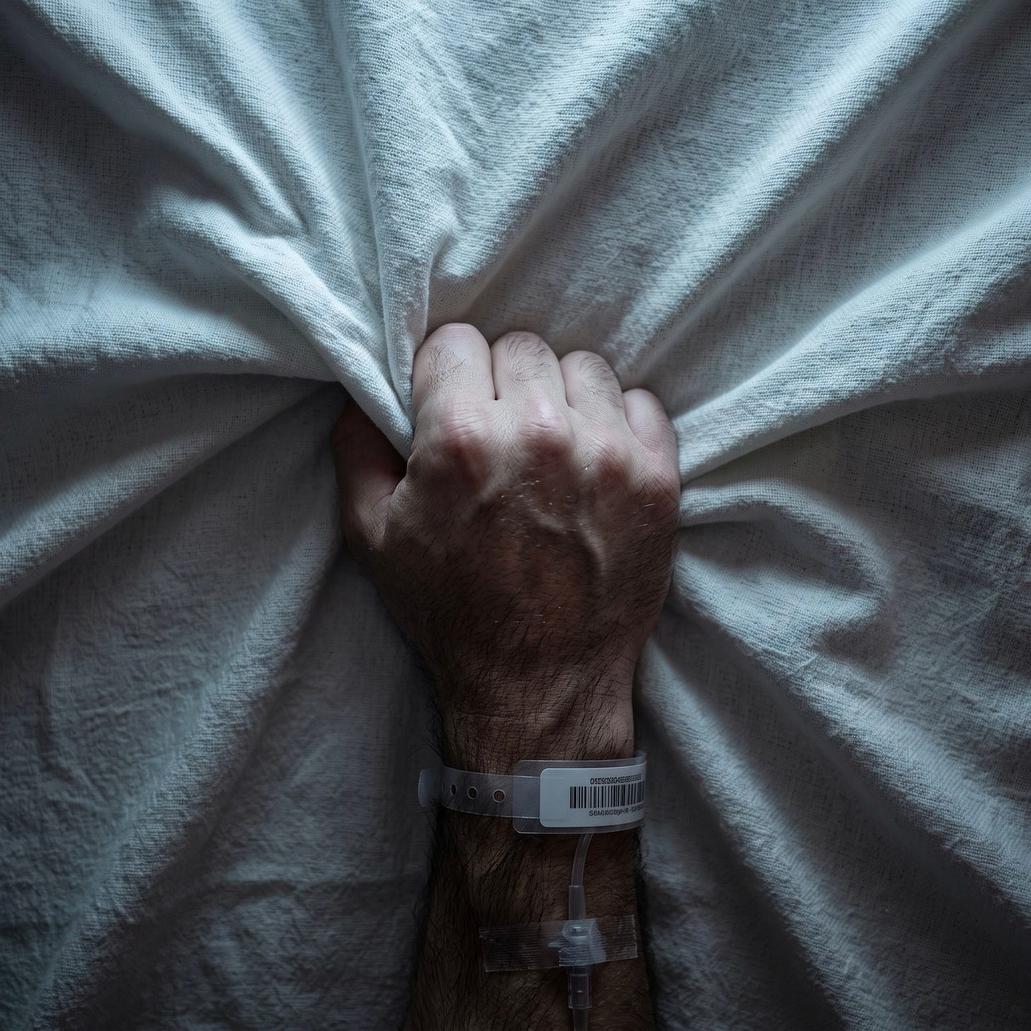 A dramatic overhead close-up of a man's arm with an IV line and hospital ID bracelet, tightly gripping a white hospital bed sheet in a moment of physical tension. A dramatic overhead close-up of a man's arm with an IV line and hospital ID bracelet, tightly gripping a white hospital bed sheet in a moment of physical tension.