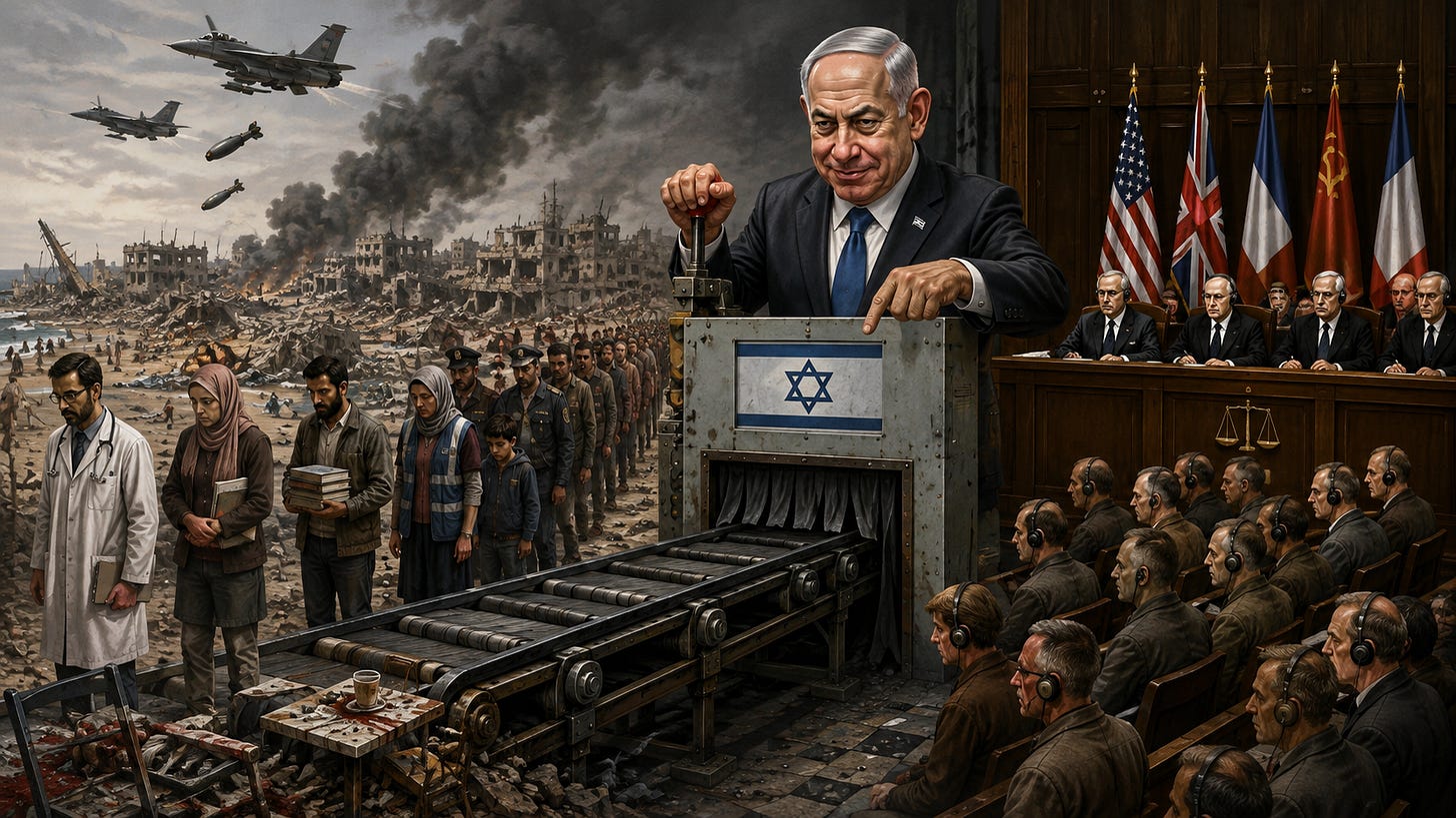 Ilustración satírica en formato 16:9 que muestra, a la izquierda, una Gaza devastada bajo los bombardeos, con civiles, médicos, trabajadores y niños conducidos hacia una máquina con cinta transportadora marcada con una bandera israelí. A la derecha, una sala de tribunal que evoca Núremberg, con jueces y acusados, remite a los procesos contra los criminales nazis después de la guerra. Ilustración satírica en formato 16:9 que muestra, a la izquierda, una Gaza devastada bajo los bombardeos, con civiles, médicos, trabajadores y niños conducidos hacia una máquina con cinta transportadora marcada con una bandera israelí. A la derecha, una sala de tribunal que evoca Núremberg, con jueces y acusados, remite a los procesos contra los criminales nazis después de la guerra.