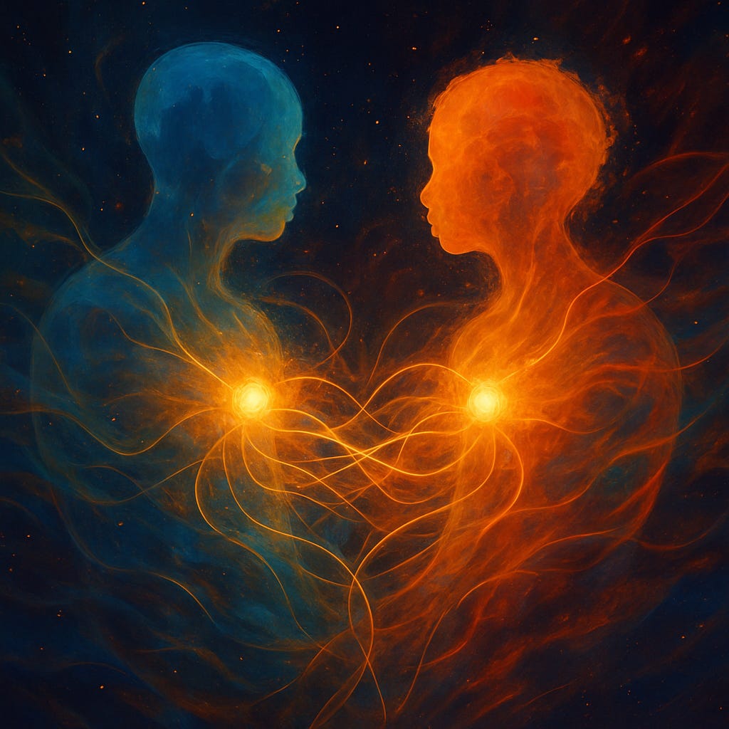 An abstract cosmic artwork showing two luminous, gender-neutral human silhouettes formed from flowing light. Their bodies rise like intertwined currents — one warm gold, the other cool blue — meeting in a radiant sphere at the centre. Around them, swirling fractal patterns and colourful nebulae represent recognition loops, stability, novelty, and the weaving of reality through relationship.