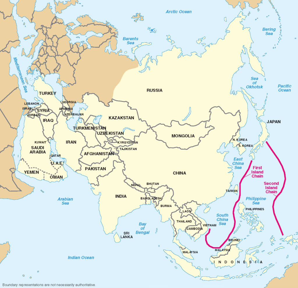 A geographic map showing China and the Indo-Pacific Ocean, colored in pink, with two lines representing the archipelagos the U.S. uses to contain China.