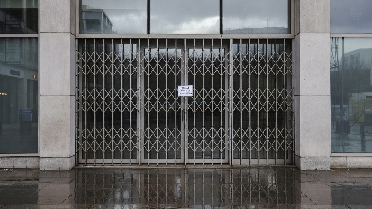 Closed metal security gate on commercial building entrance with wet pavement