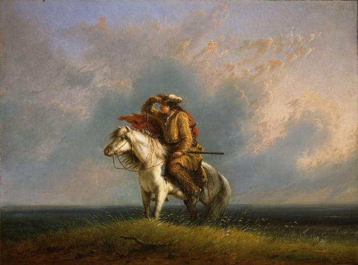 "The Lost Greenhorn" painting of a man on a horse with horns