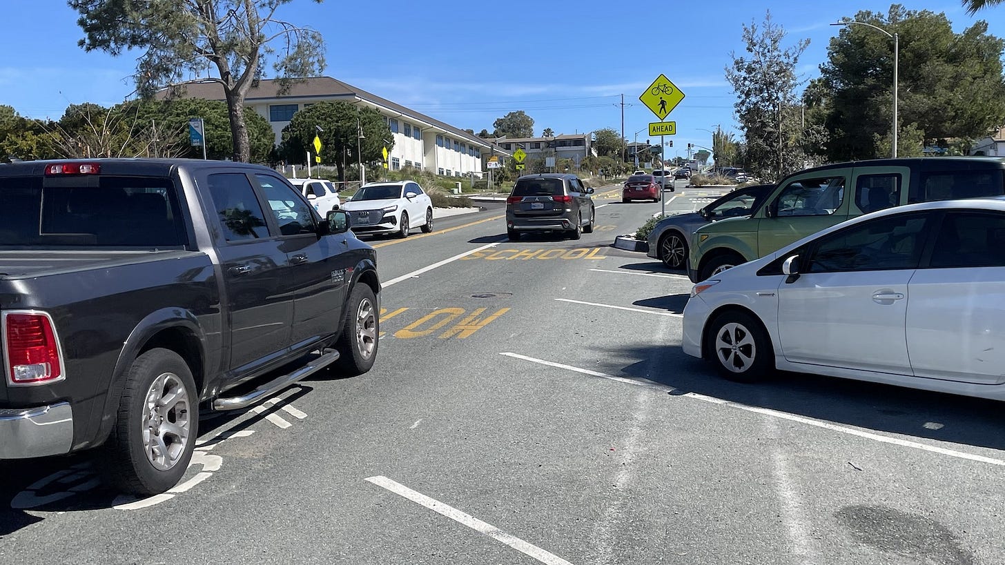 Some residents have voiced concerns about the narrow travel lanes creating conflict zones for drivers getting out of their cars to access the sidewalk on Santa Fe Drive. Steve Puterski photo