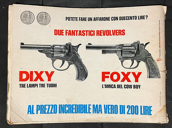 back page ads for toy guns in 70s Topolino comics