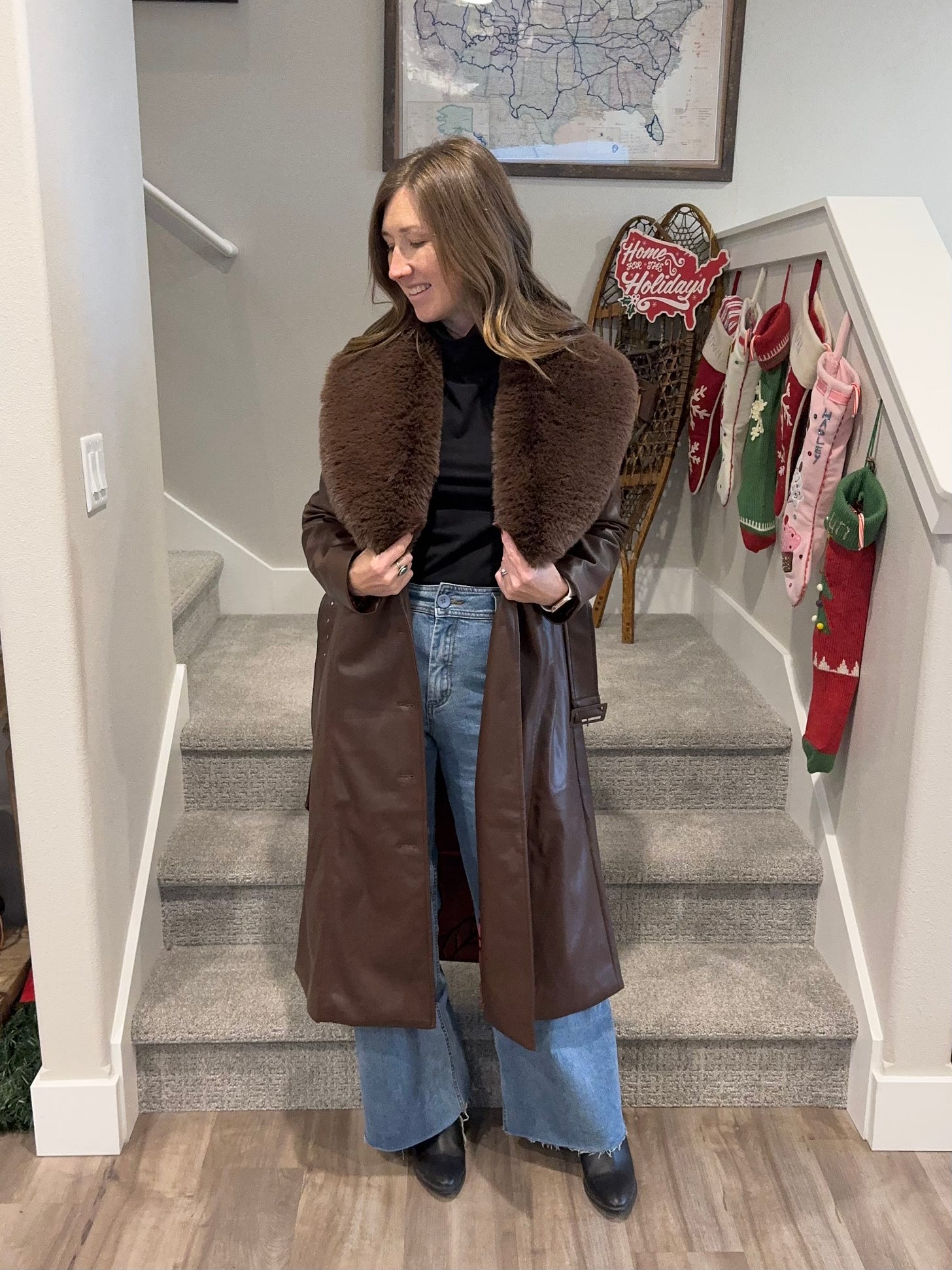 statement coat, brown coat, faux fur, coat styling