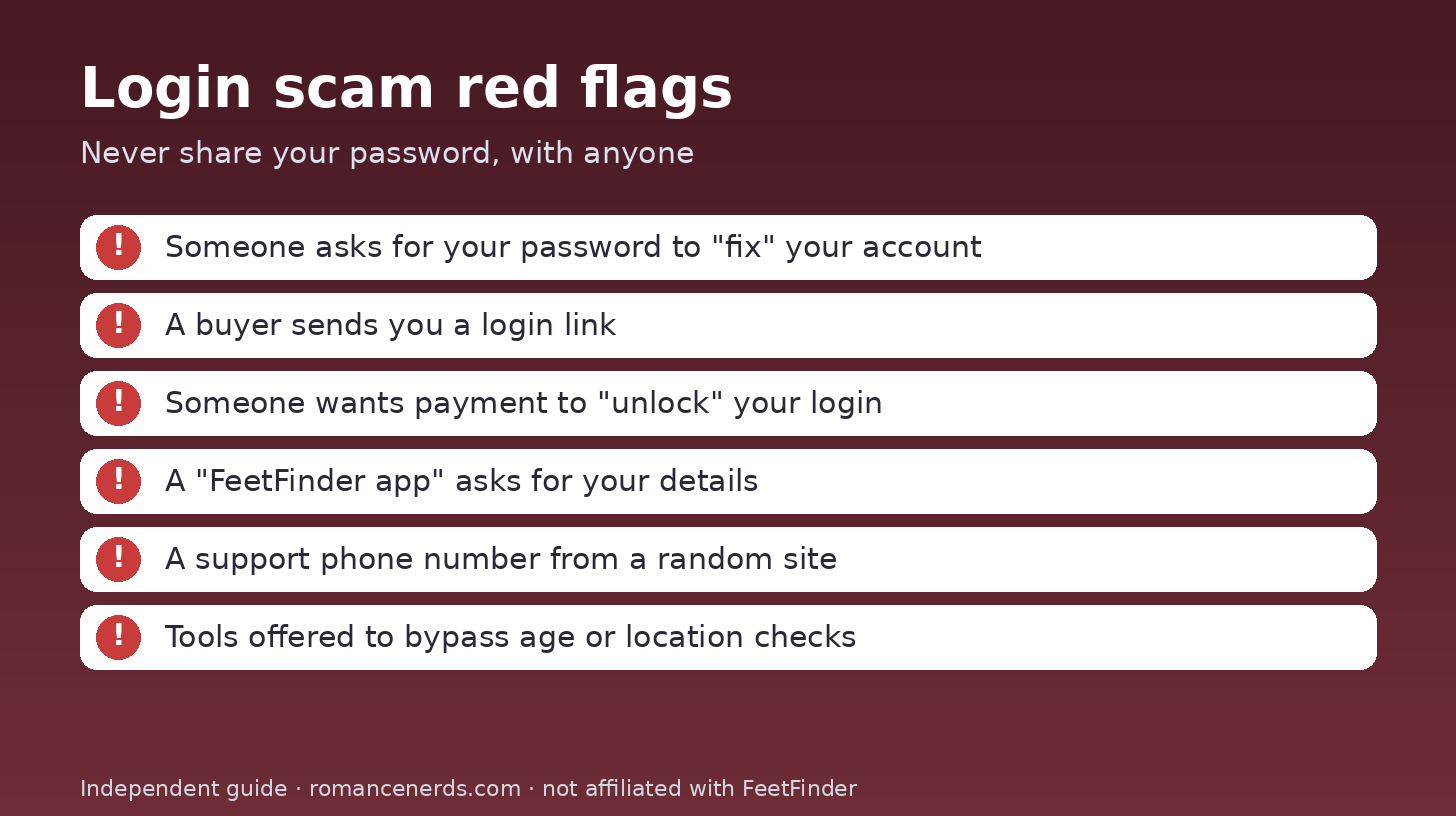 FeetFinder login scam red flags: password requests, buyer-sent login links, paid unlock offers, fake apps and unofficial support phone numbers FeetFinder login scam red flags: password requests, buyer-sent login links, paid unlock offers, fake apps and unofficial support phone numbers
