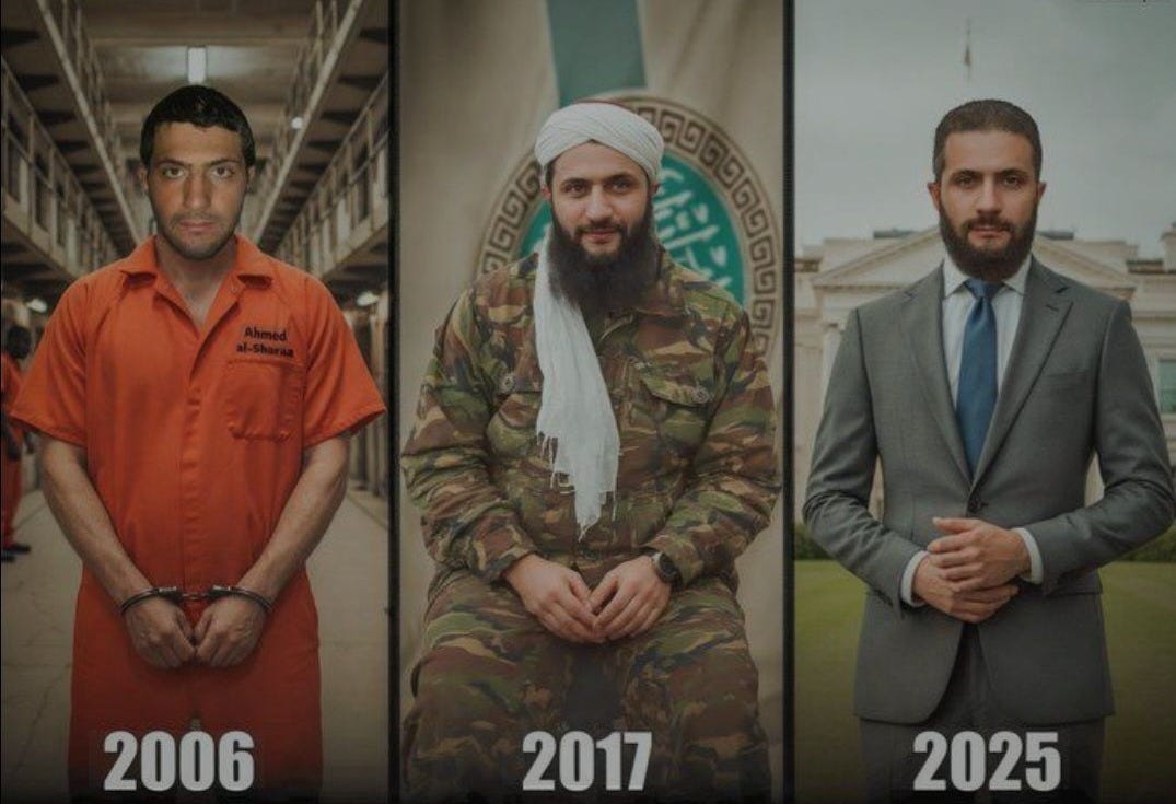 May be an image of ‎one or more people and ‎text that says "‎نيرو روههای داعشی بنا بر مصلحت امریکا اینگونه تغيیر چهره میدهند مانند !انی !جولانی tecknin Wadan ビン 安 2006 2017 2025‎"‎‎