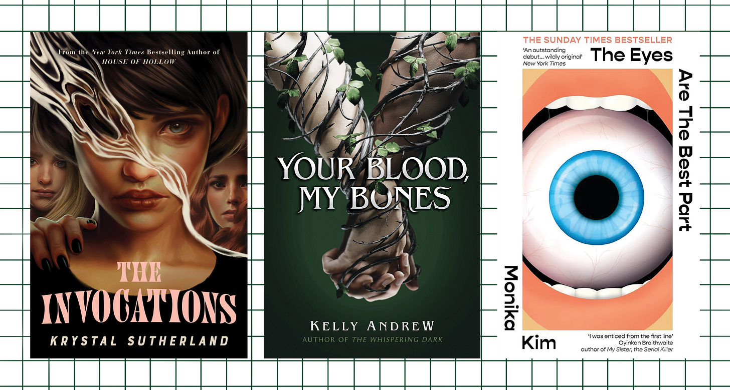 A collage of three horror book covers: The Invocations, Your Blood My Bones, and The Eyes Are The Best Part.