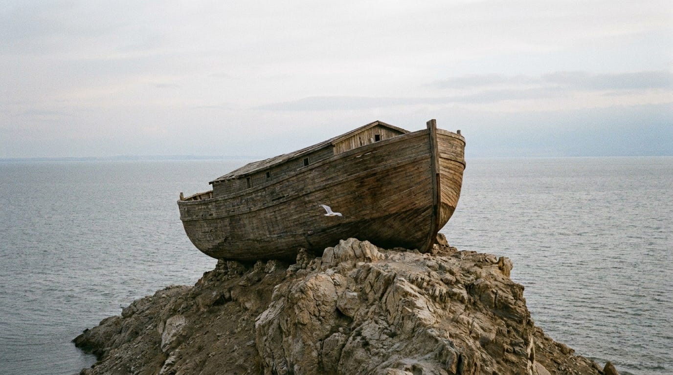A wooden ark aground on a bare mountain peak just breaking the surface of a wide grey sea, the water lower than the summit, a single dove in flight toward the ark under a clearing sky, no people, no faces, no text A wooden ark aground on a bare mountain peak just breaking the surface of a wide grey sea, the water lower than the summit, a single dove in flight toward the ark under a clearing sky, no people, no faces, no text