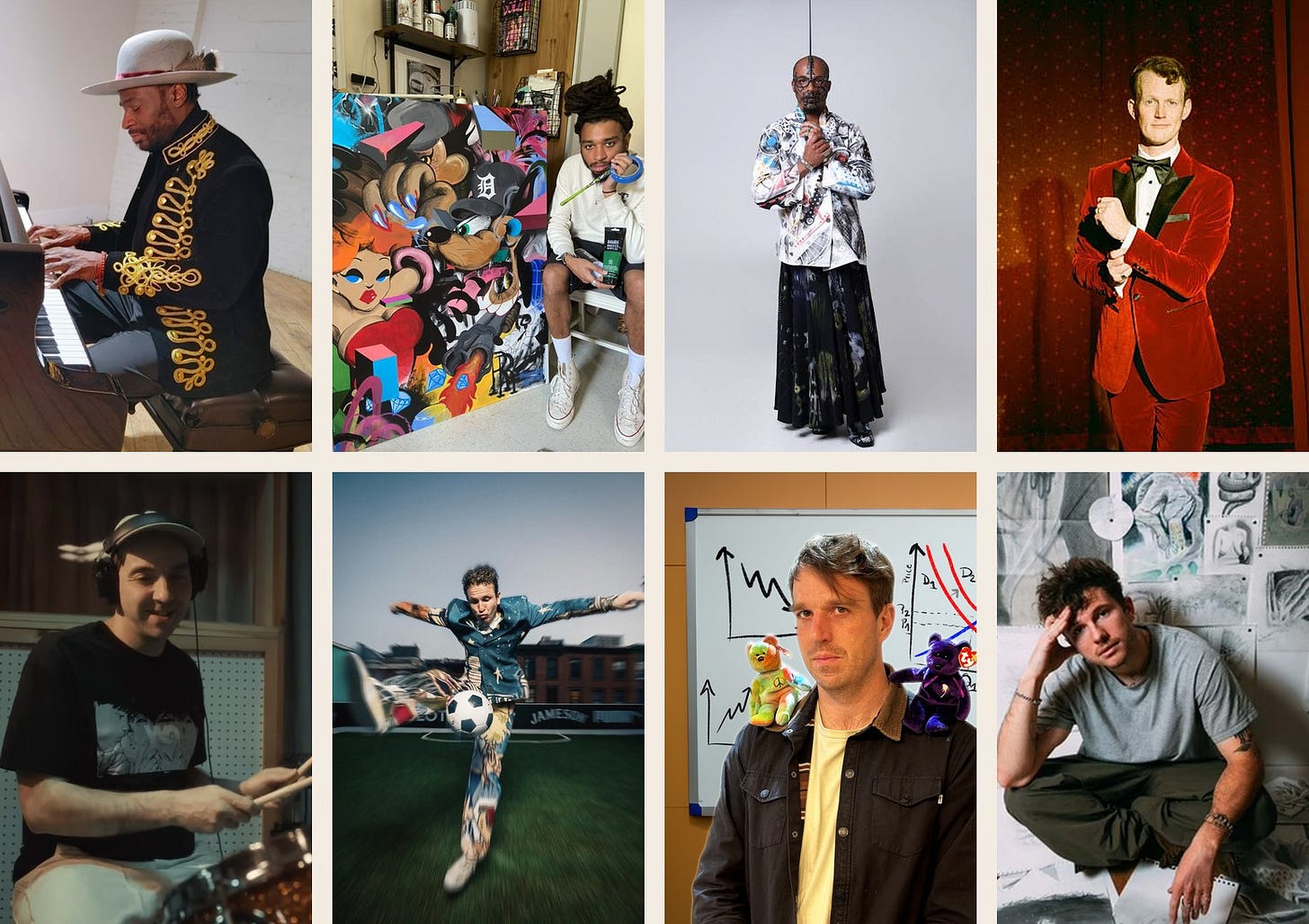 Eight NYC artists at work: Ray Angry, DJ Smurfo, Dig Ferreira, PJ Adzima, King Klave, KidSuper, Luke Strathmann, Travis Fountain — The Juicy Times 2026 selection.