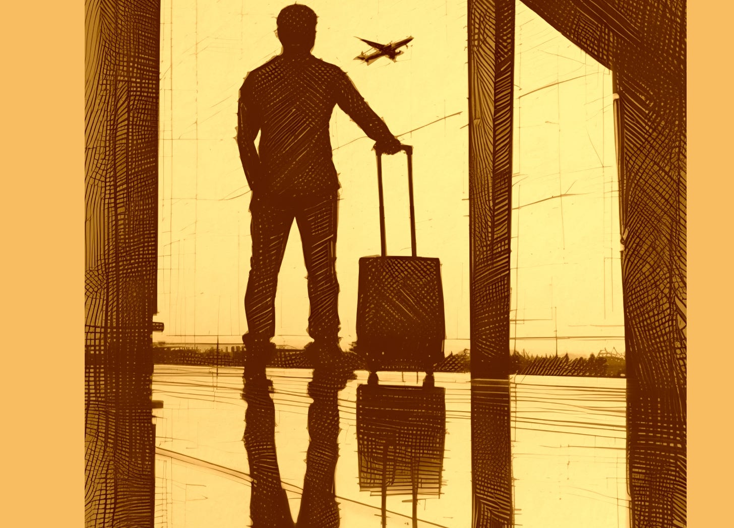 Man standing at airport window looking at plane taking off