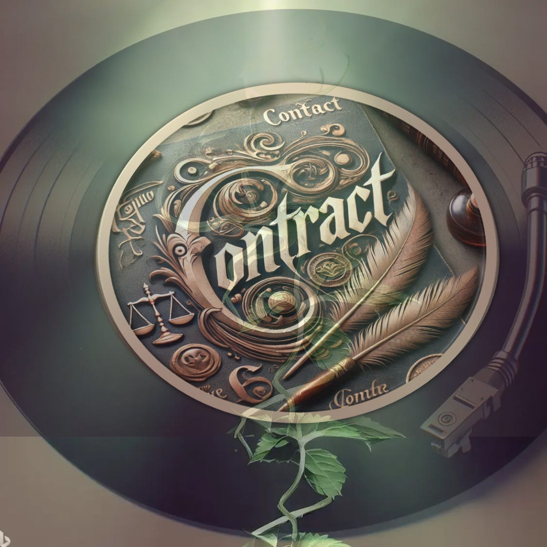 Record on a turntable with a label populated by antiquarian imagery such as weighing scales, quill pens and the word 'Contract' in highly embellished typeface.  This combines the idea of social contracts and the flip side of an argument. 