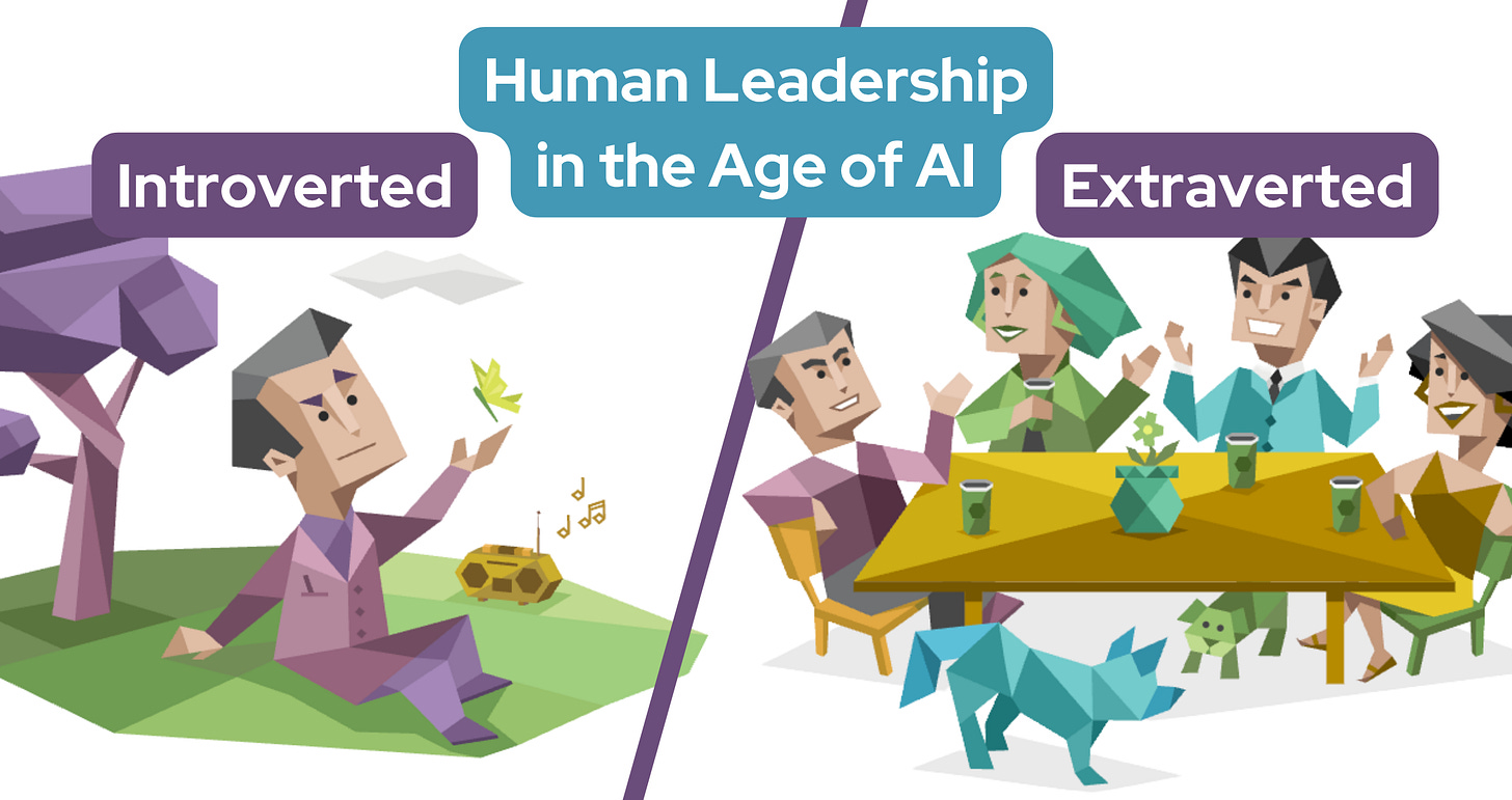 On the left, an Introvert sits alone on the grass under a tree listening to music. He holds his hand out to a butterfly. On the right, four Extraverts sit at a table sharing coffee and talking. Text in a blue banner reads: Human Leadership in the Age of AI.