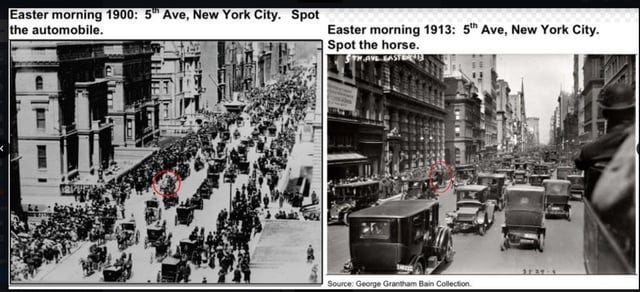 r/Damnthatsinteresting - These pics were taken 13 years apart. Same place 5th Av. NY City. On the left horse carriages and 1 car, on the right, 1 horse carriage and all the cars