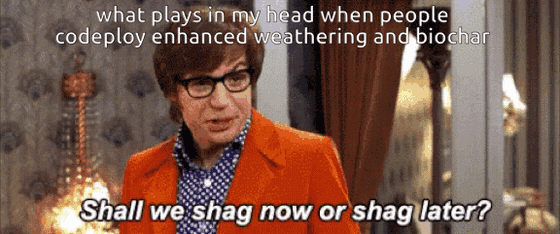 GIF of Mike Myers as Austin Powers in an orange suit. Top text: "what plays in my head when people codeploy enhanced weathering and biochar" Bottom subtitle: "Shall we shag now or shag later?"