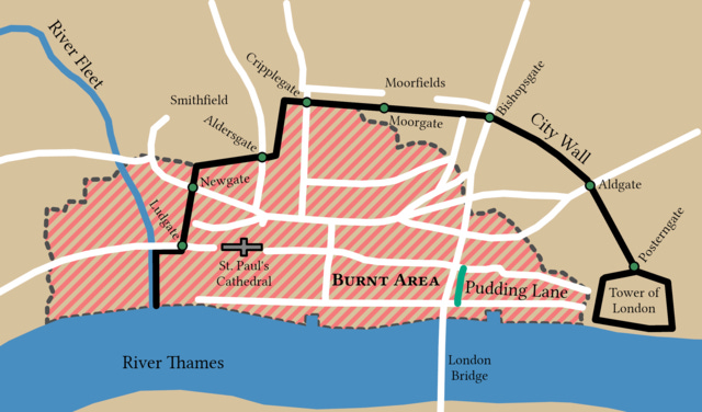 A map of the devastation, showing the city walls and an area of roughly the same size but slightly further west in red to show it burned down A map of the devastation, showing the city walls and an area of roughly the same size but slightly further west in red to show it burned down