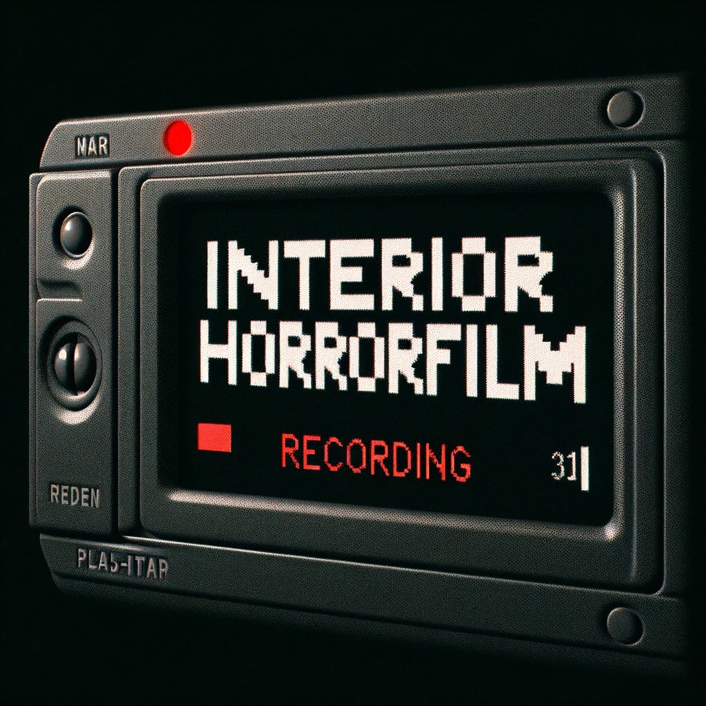 Revise the title card to feature the exact phrase "Interior Horrorfilm" in a blocky, digital font reminiscent of a camcorder display, including a small red "recording" dot. The background should be entirely black, emulating the dark screen of a camcorder. The design must be minimalistic, with the text and the red recording dot as the only elements. This setup should mimic the tension of a horror film captured through a camcorder, emphasizing the feeling of unease and anticipation. The text should be clearly legible, with a stark contrast against the black background, and the red dot should subtly suggest that recording is in progress, enhancing the horror aesthetic.