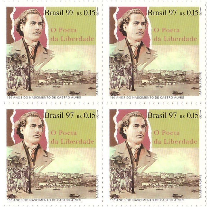 Castro Alves (1847-1871). Poeta do romantismo brasileiro conhecido como “poeta dos escravos”. Morreu aos 24 anos após longa doença, deixando obra marcada por intensidade e engajamento social.