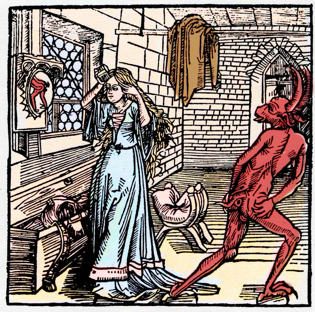 The Lady Admiring Herself in the Mirror Sees Only a Reflection of the  Demon's Posterior - Symbol of Vanity (in 'Der Ritter von Turn' by Knight ...