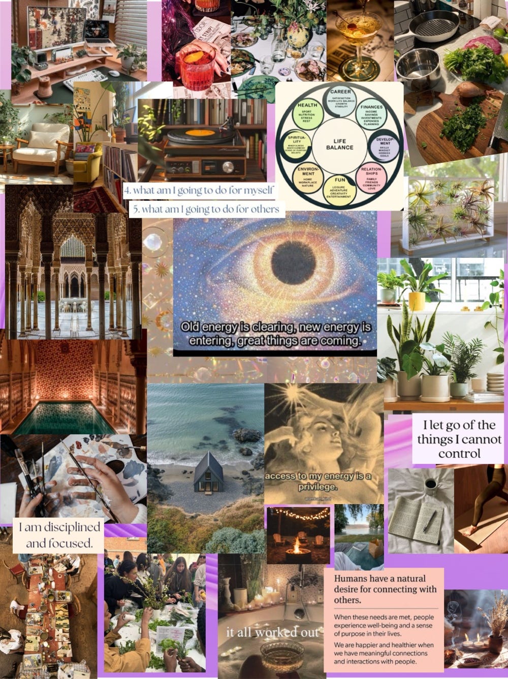 vision board collage for 2025 about clearing old energy and making space for new energy. plants, sunlight, granada spain, record player, books, air plants, cooking, community, spirituality, affirmations about discipline and focus