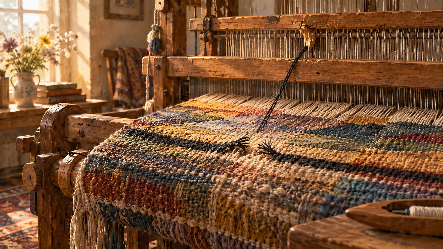 Painterly image of a rustic wooden loom weaving a colorful cloth, with a black thread frayed and broken in the fabric where it appears to have snagged on a splintered defect in the loom. Warm sunlight fills the room, with flowers and books blurred in the background. Painterly image of a rustic wooden loom weaving a colorful cloth, with a black thread frayed and broken in the fabric where it appears to have snagged on a splintered defect in the loom. Warm sunlight fills the room, with flowers and books blurred in the background.