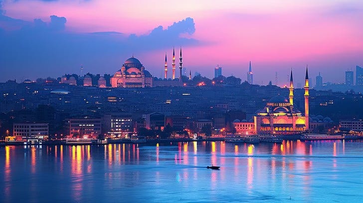 View of the Bosphorus Strait at sunrise, with boats crossing the water and the Istanbul skyline in the background