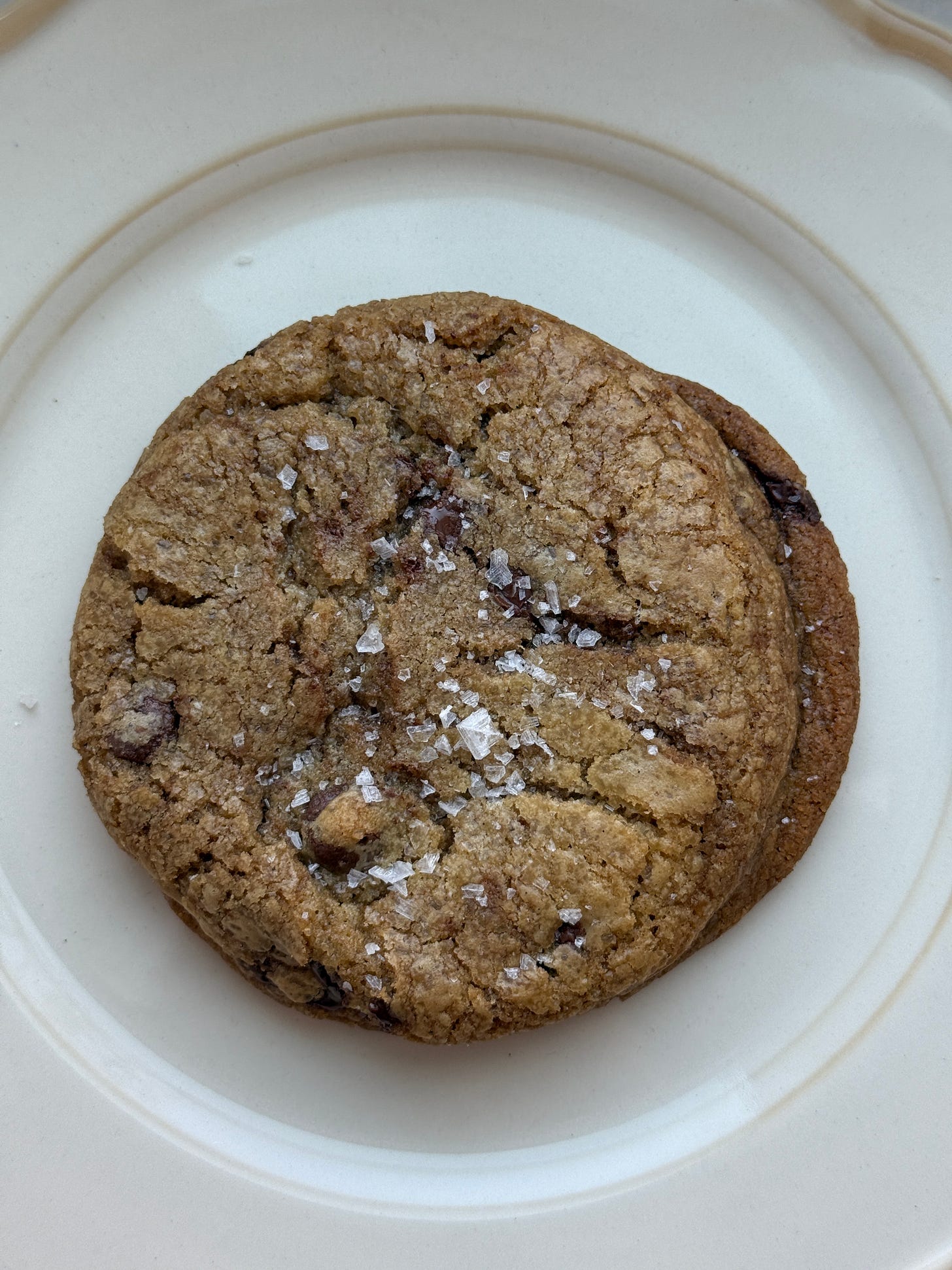 chocolate chip cookie with flakey sea salt on a white plate