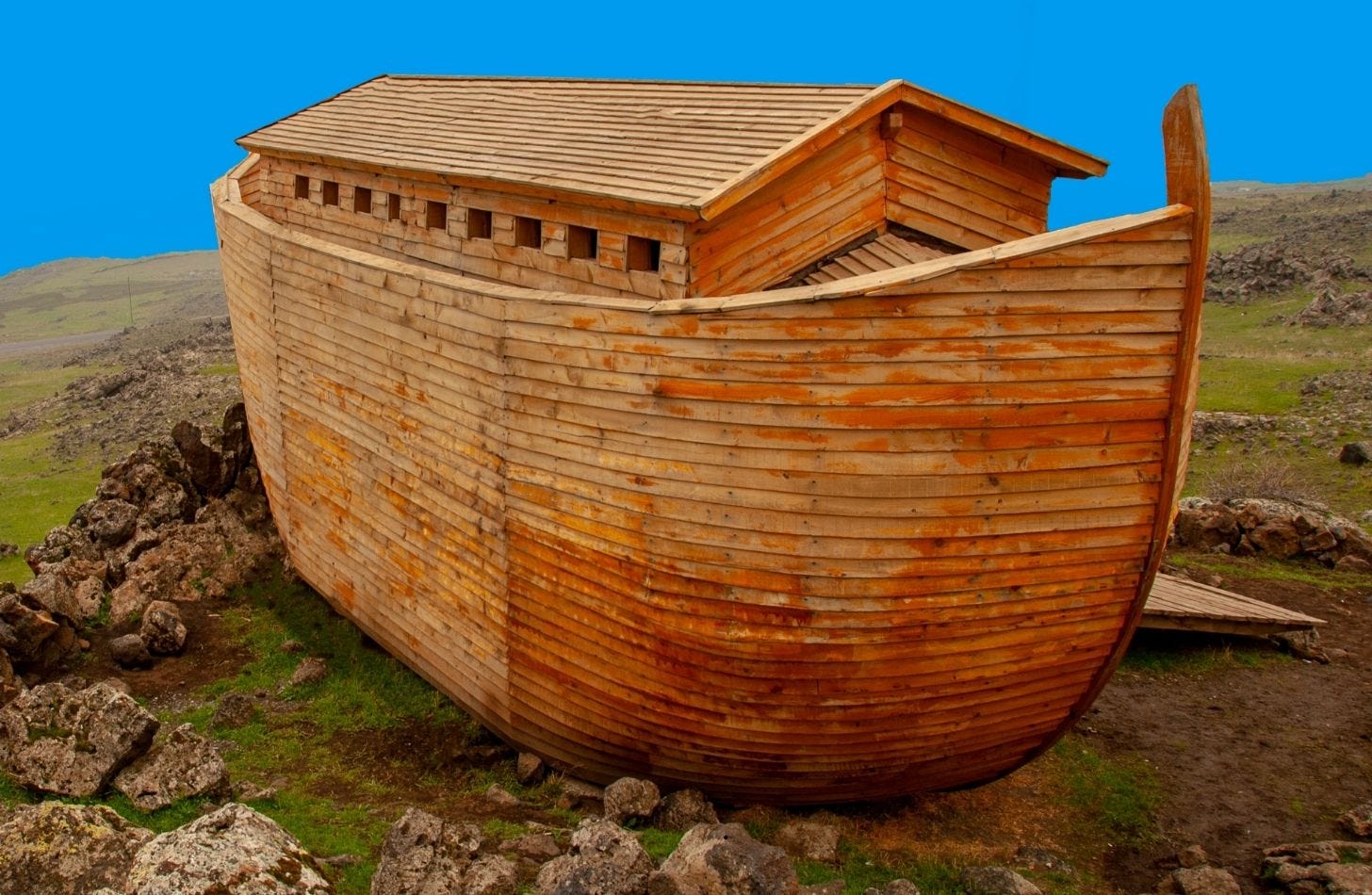 Noah's Ark sitting on dry ground before the flood.