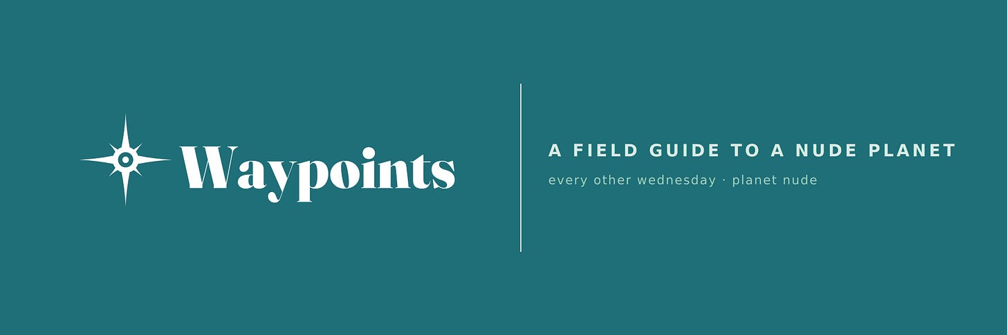 A teal masthead with a white compass-star and the word "Waypoints" in serif type on the left. A vertical divider separates it from the tagline "A field guide to a nude planet" with "every other wednesday · planet nude" beneath it. A teal masthead with a white compass-star and the word "Waypoints" in serif type on the left. A vertical divider separates it from the tagline "A field guide to a nude planet" with "every other wednesday · planet nude" beneath it.