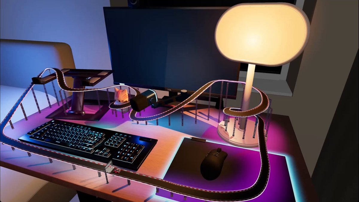 Desk Racer, a racing game Argon built on top of Geneviève's real desk